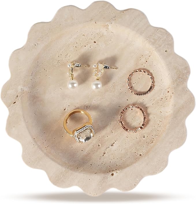 Koville Travertine Jewelry Tray, 5.51" Round Trinket Dish by Koville