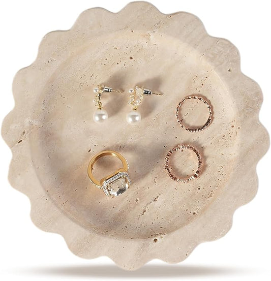 Koville Travertine Jewelry Tray, 5.51" Round Trinket Dish by Koville