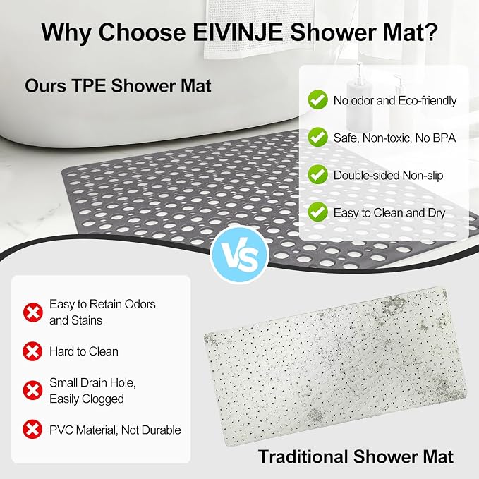 Anti Slip Shower Mat with Suction Cups, 27x27 Inch Quick Drain TPE Non Slip - Image 6