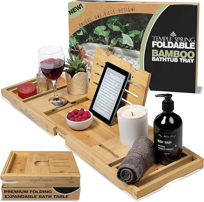 Temple Spring Foldable Bathtub Tray, Unique Design Selfcare Bathroom Caddy by TempleSpring%7CQualityWellbeingProducts