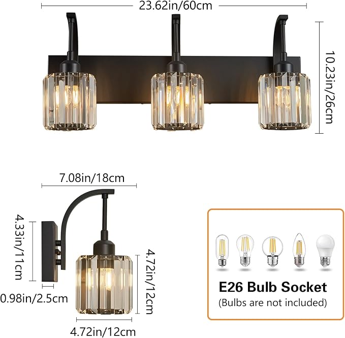 3-Light Crystal Vanity Light, Modern Black Bathroom Wall Sconce - Image 5