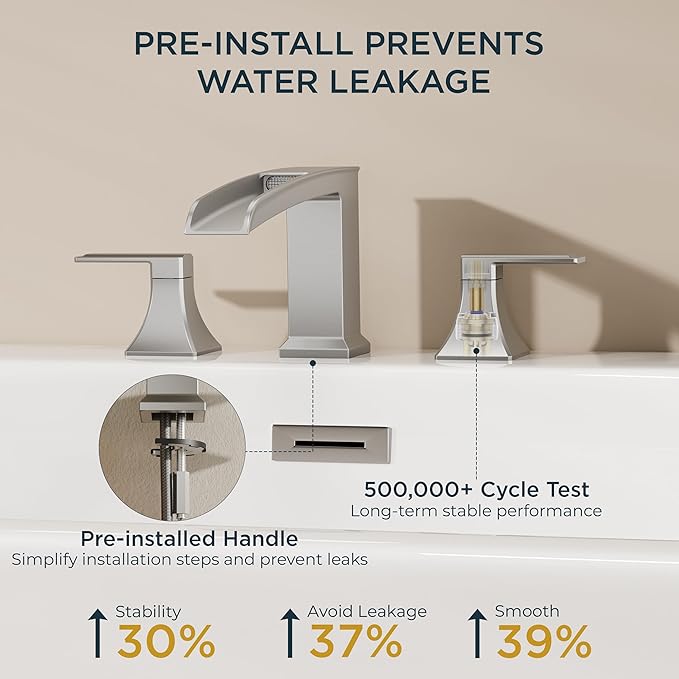 FORIOUS Waterfall Bathtub Faucet Set 3 Hole Brushd Nickel, 2 Handle Deck Mount - Image 7