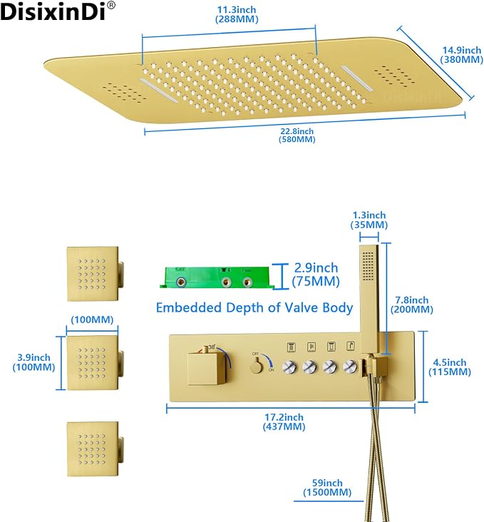 Brushed Gold Ceiling LED Rain Shower Head - Image 9