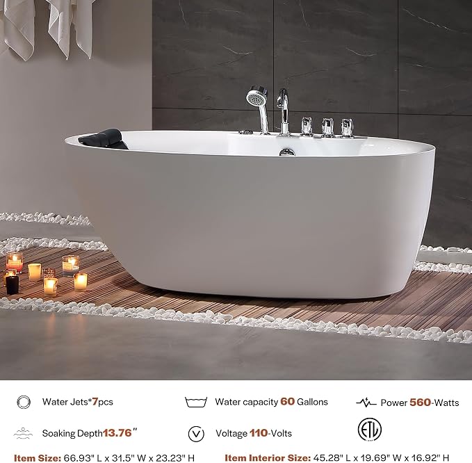 Empava 67 Inch Freestanding Whirlpool Tub -Hydromassage Gracefully Oval Shaped - Image 4