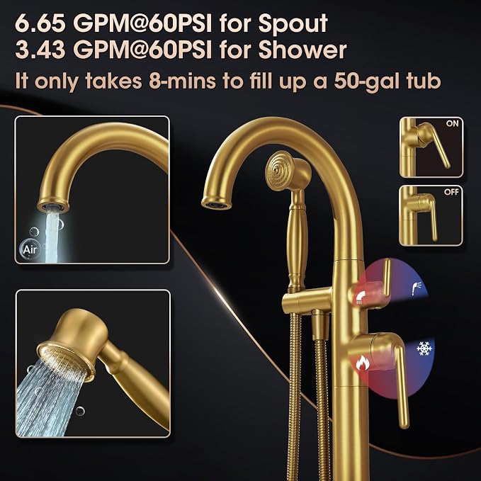 Free Standing Tub Faucet, Wintap Brass Antique Freestanding Bathtub Filler - Image 4
