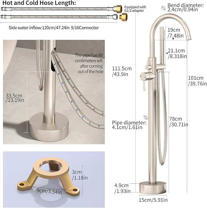Freestanding Bathtub Faucet Waterfall Tub Filler Brushed Nickel Floor Mount - Image 3