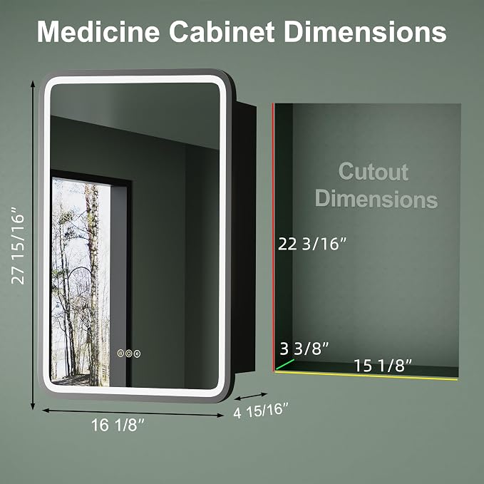 Medicine Cabinet with LED Lights and Mirror, 16 x 28 Inch Wall or Recessed - Image 2