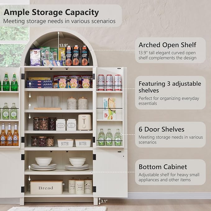 71" Tall Arched Kitchen Pantry, Modern Fluted Wood Storage Cabinet - Image 4