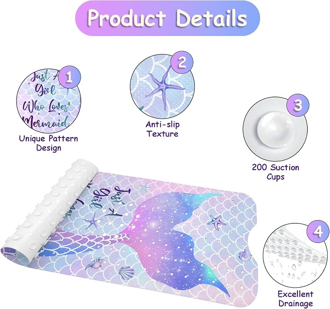 Bathtub Mat Non Slip, Mermaid Extra Long Bath tub Mat Shower Floor Mat - Image 3