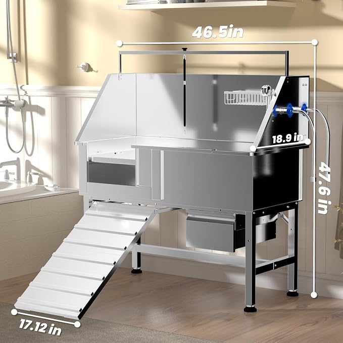 46" Dog Washing Station, Professional Stainless Steel Dog Bathtub w/Ramp & - Image 6