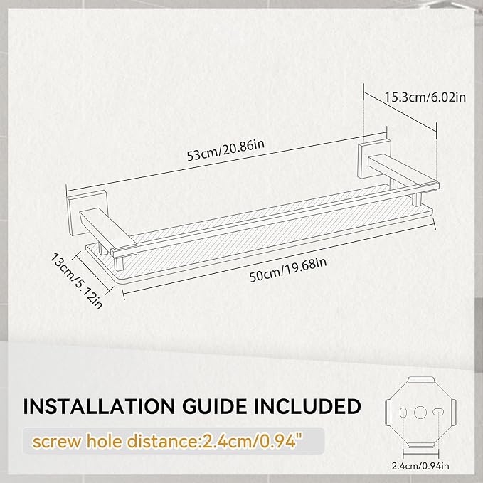 LANC Gold Bathroom Shelf Glass Shelves 20-Inch Floating Tempered Glass Shelf - Image 3