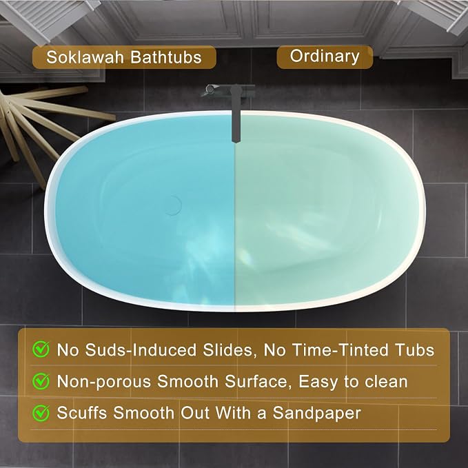 Stone Resin Freestanding Bathtubs, Soklawah 55" Solid Surface Luxury Soaking Tub - Image 3