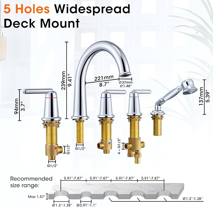Roman Bath Tub Faucet Set with Rough-in Valve and Sprayer, Brass 5 Hole - Image 6