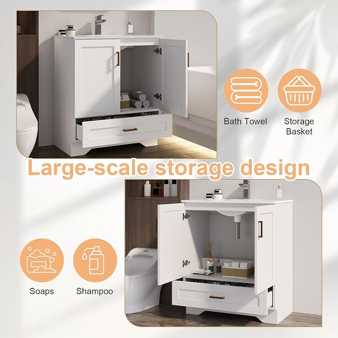 30 inch Bathroom Vanity with Sink, Modern White Vanity - Image 4