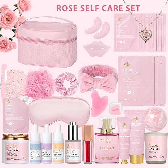 Rose Facial Skin Care Set, Beauty Care Kit, Sheet Mask, Makeup Bag, Face Serum - Image 2