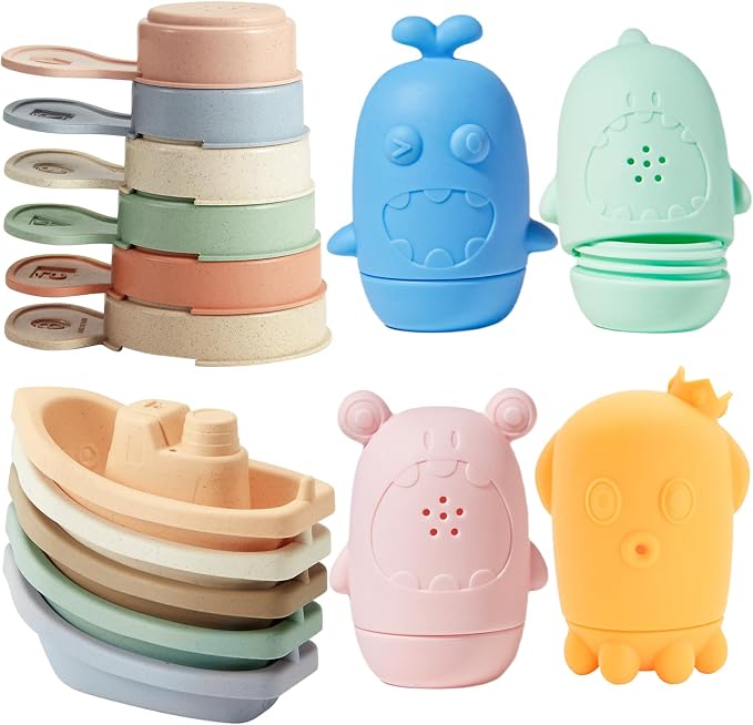Baby Bath Toys for Kids Ages 1-3, Silicone Bath Toy and Bath Boats Spoons by AMCHSURI