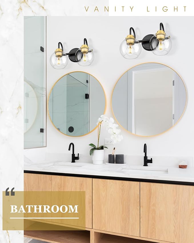 Bathroom Light Fixtures, 2-Light Black and Gold Vanity Lights - Image 4