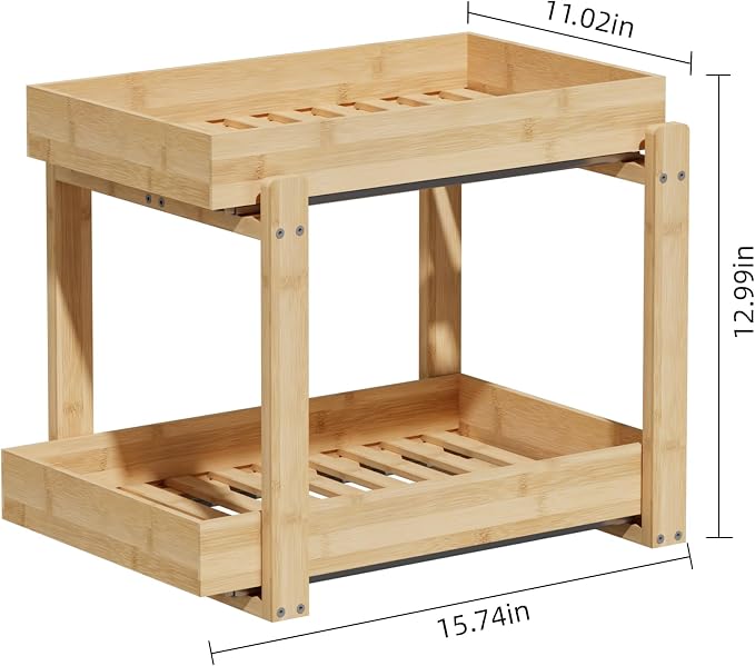 2 Pack Under Sink Organizer, Bamboo Wooden 2-Tier Pull-Out Storage - Image 5