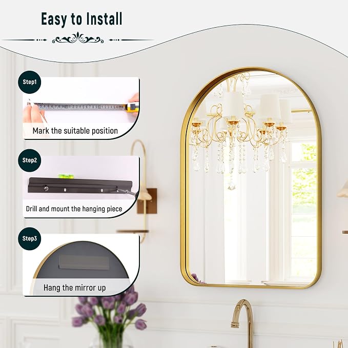 GLSLAND 26”x38“ Gold Arched Bathroom Mirror - Image 6