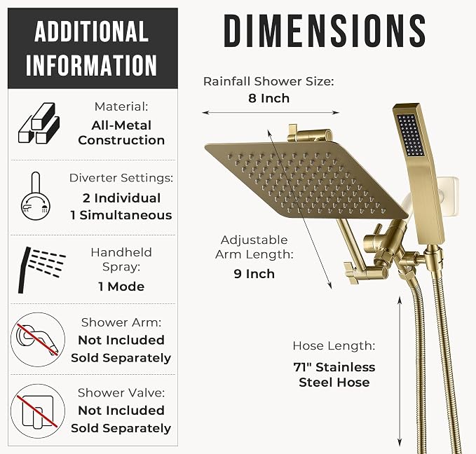 G-Promise All Metal 8-Inch Dual Square Shower Head Combo, Rain Shower Head - Image 6