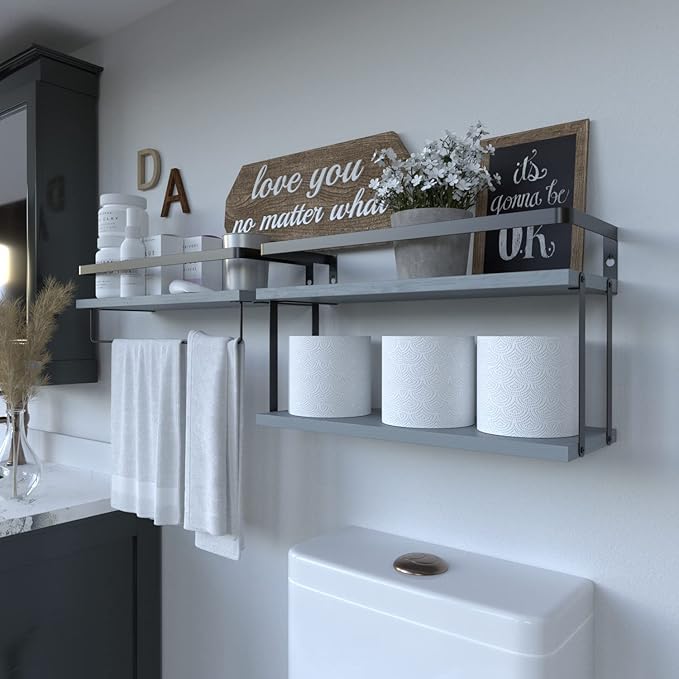 RICHER HOUSE 2+1 Tier Wall Mounted Floating Shelves Set of 2, Rustic Wood Wall - Image 4