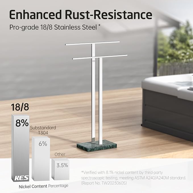 KES Standing Towel Rack with Green Natural Marble Base, 2-Tier Bath Towel - Image 4