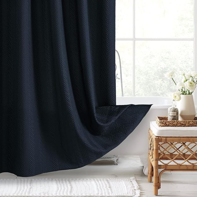 Gibelle Navy Blue Shower Curtain, 3D Embossed Textured Herringbone Fabric - Image 5