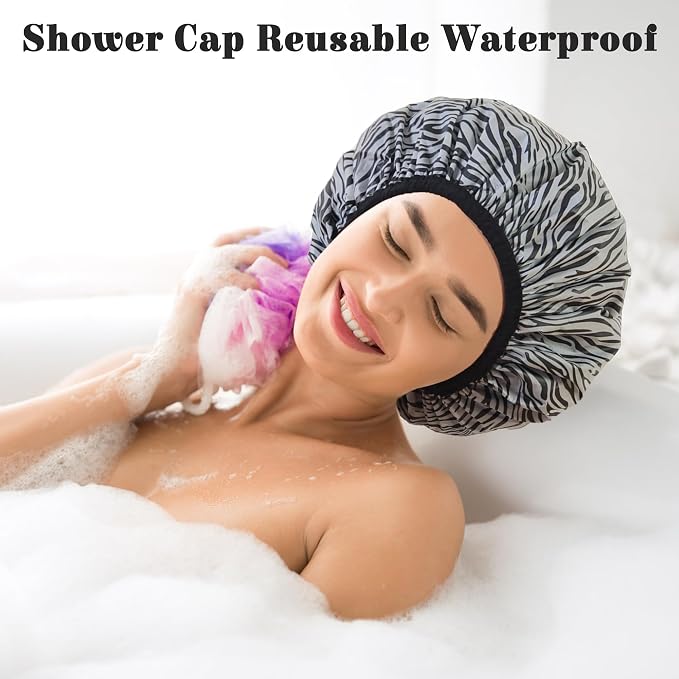 Shower Cap for Women, Shower Caps Reusable Waterproof, Large Plastic Satin - Image 2
