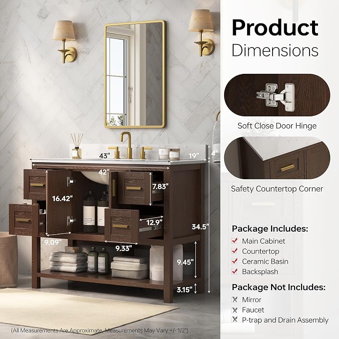 42 Inch Bathroom Vanity with Sink, Farmhouse Storage Cabinet with Drawers & - Image 4