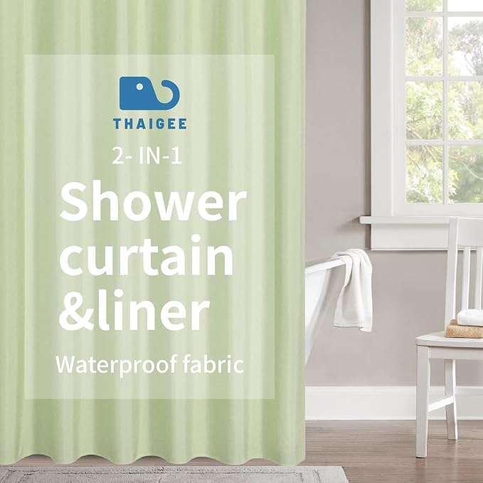 2-in-1 Waterproof Long Fabric Shower Curtain or Liner, Linen Textured, 78 Inch by THAIGEE