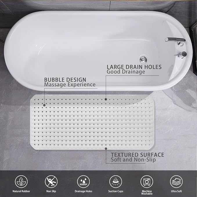 Extra Large Non-Slip Bathtub Mat, 36x17” TPR Shower Mat - Image 4