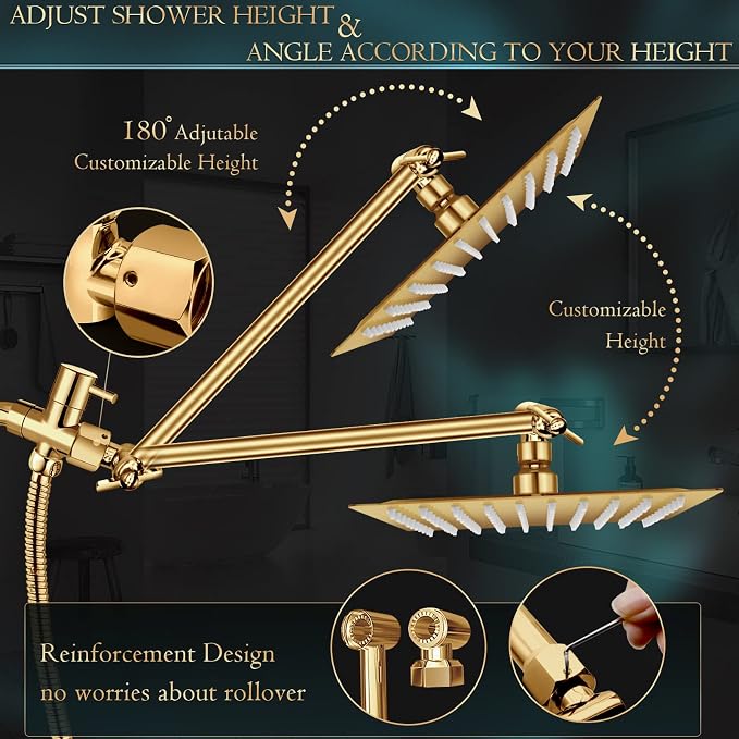 Shower Head, Powerful Shower Spray Against Low Pressure Water-Brushed Gold - Image 6