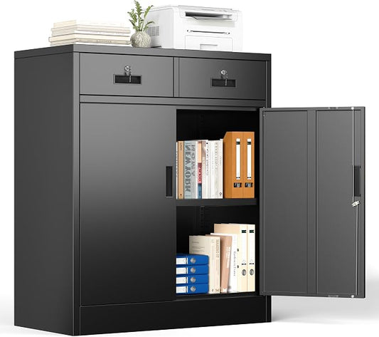 Metal Storage Cabinet with 2 Drawers and Shelves, Adjustable Shelf File Cabinet by YEEZER