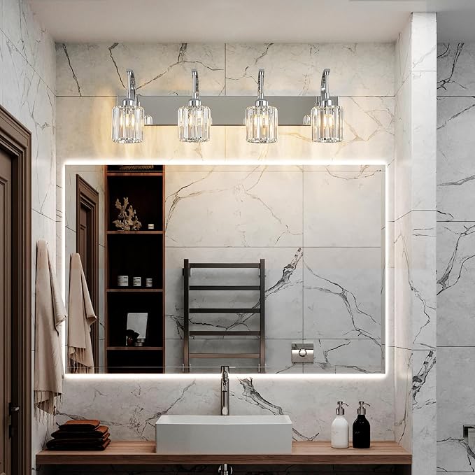 4-Light Crystal Vanity Light, Modern Chrome Bathroom Wall Sconce - Image 6