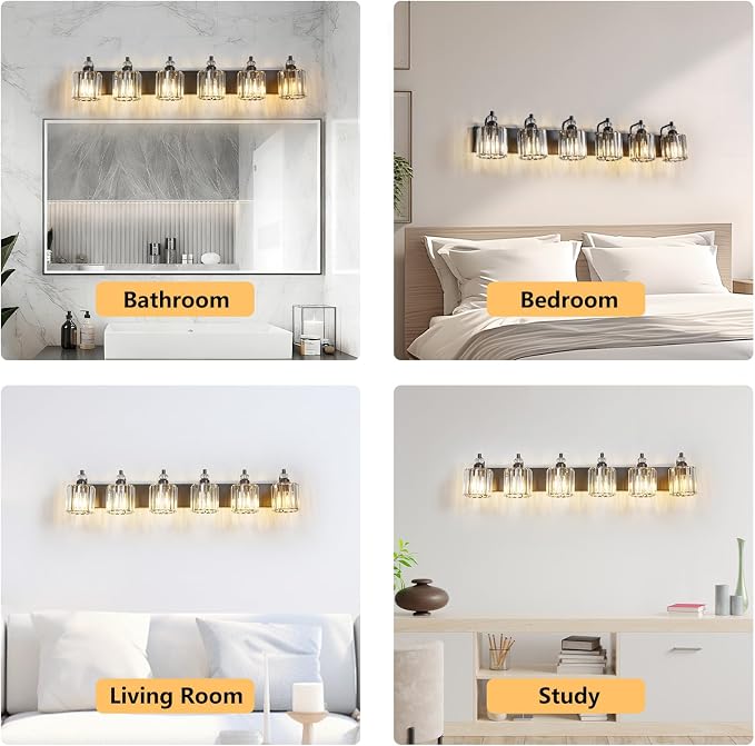 6-Light Black Bathroom Light Fixtures Over Mirror Modern Vanity Lights Crystal - Image 7