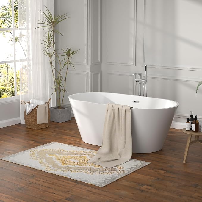 59 Inch Freestanding Acrylic Bathtub White Roll Top Soaking Tub by Yurshen