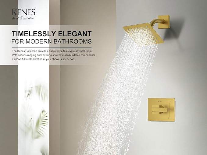 KENES Brushed Gold Shower Faucet, Modern Square 6-Inch Shower Head and Handle - Image 2