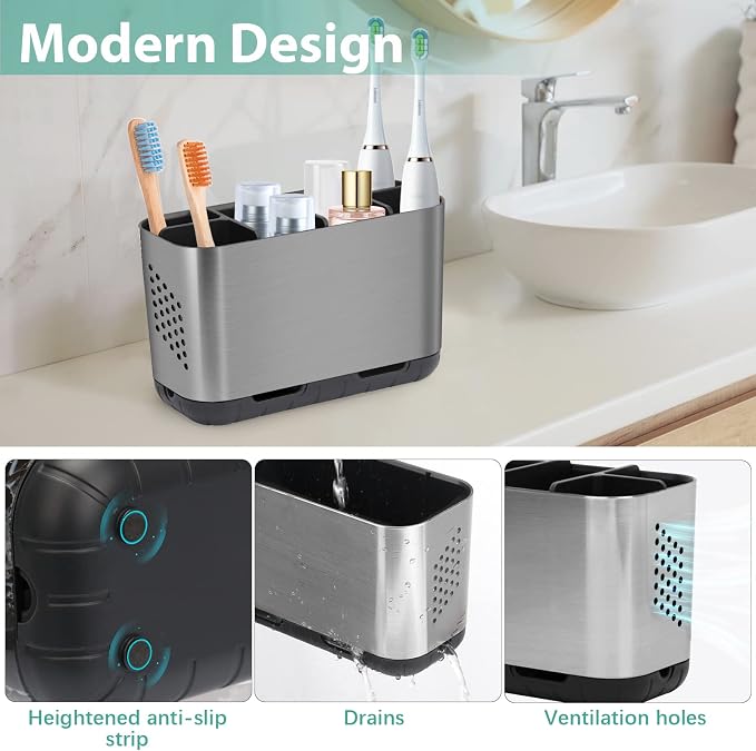 Boperzi Toothbrush and Toothpaste Holder Brushed Nickel Drainage - Image 2