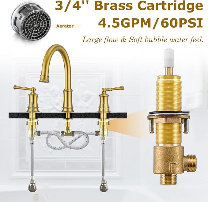 Brushed Gold Roman Tub Faucet, Antique Bathtub Faucet Set 3 Hole, High Flow - Image 3