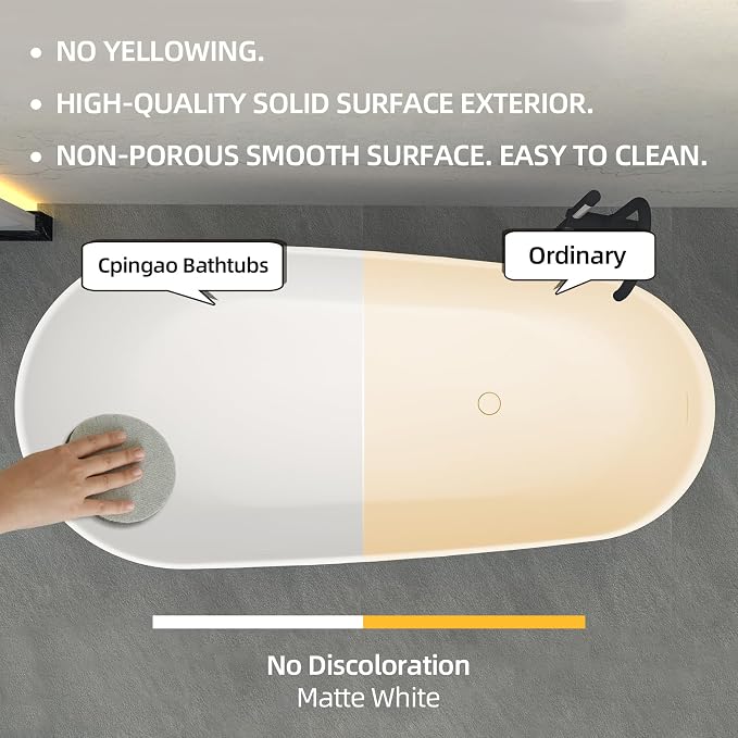 Cpingao Stone Resin Solid Surface 55" Oval Freestanding Bathtub, Modern Stand - Image 3