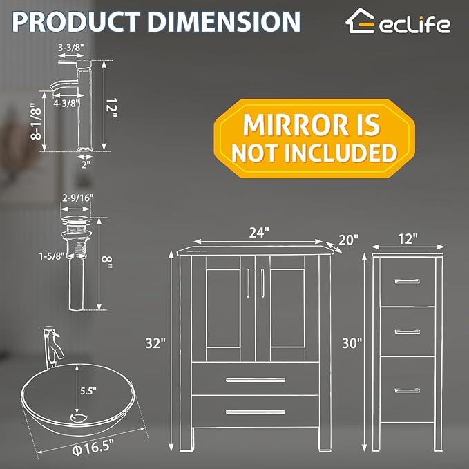 eclife 24" Modern Bathroom Vanity Sink Combo Freestanding Cabinet - Image 3