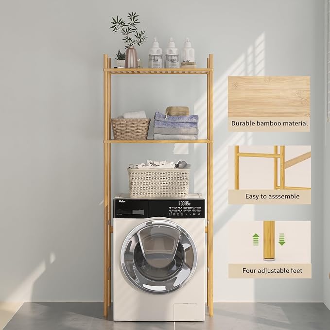 2 Tier Over The Toilet Organizer Rack Bamboo, Freestanding Bathroom Toilet - Image 5