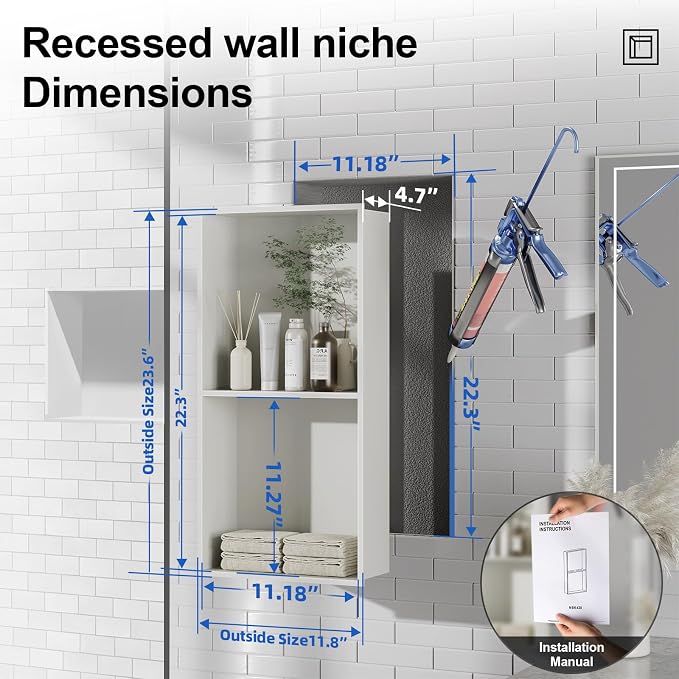 Bathbliss Shower Niche, No‑Tile Recessed Wall Niche, 11.18"x22.3" SUS304 - Image 2