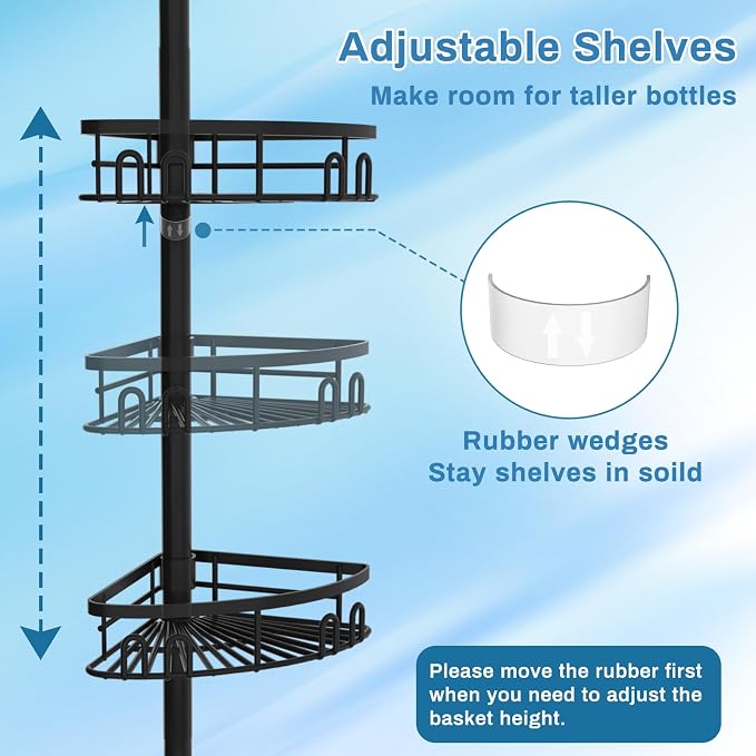Rustproof Corner Shower Caddy Freestanding Tension Pole, 4 Large Baskets - Image 5