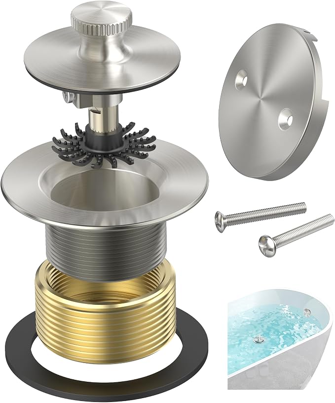 Brushed Nickel Bathtub Drain, Hair Catcher and 2-Hole Overflow Faceplate by AllProducts