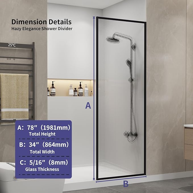 Dimaris Shower Door 34" X 78" Tempered Fluted Glass Framed Shower Screen Shower - Image 5