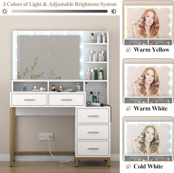Loomie Large Makeup Table with Lighted Mirror & Power Outlet, Vanity Desk with - Image 5