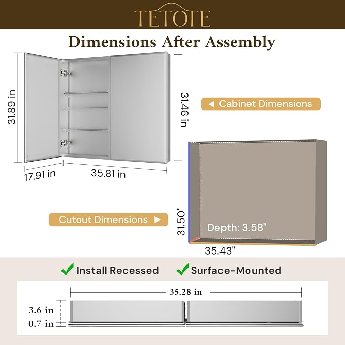 TETOTE 36 x 32 Bathroom Mirror Cabinet - Image 2