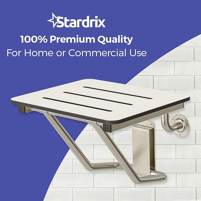 18" x 16" ADA Compliant Phenolic White Folding Shower Seat Bench, Wall Mount - Image 7