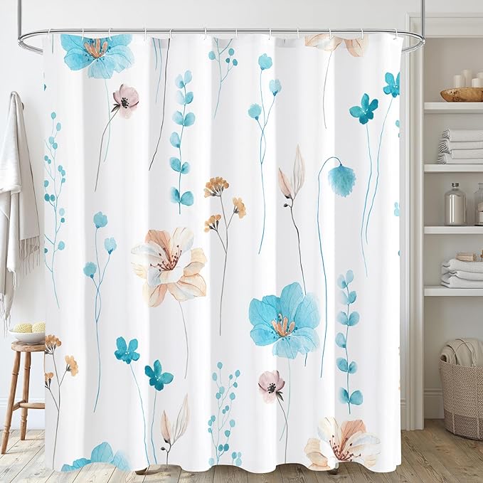 Gibelle Watercolor Floral Shower Curtain, Light Blue Beige Flower Shower Curtain by Gibelle